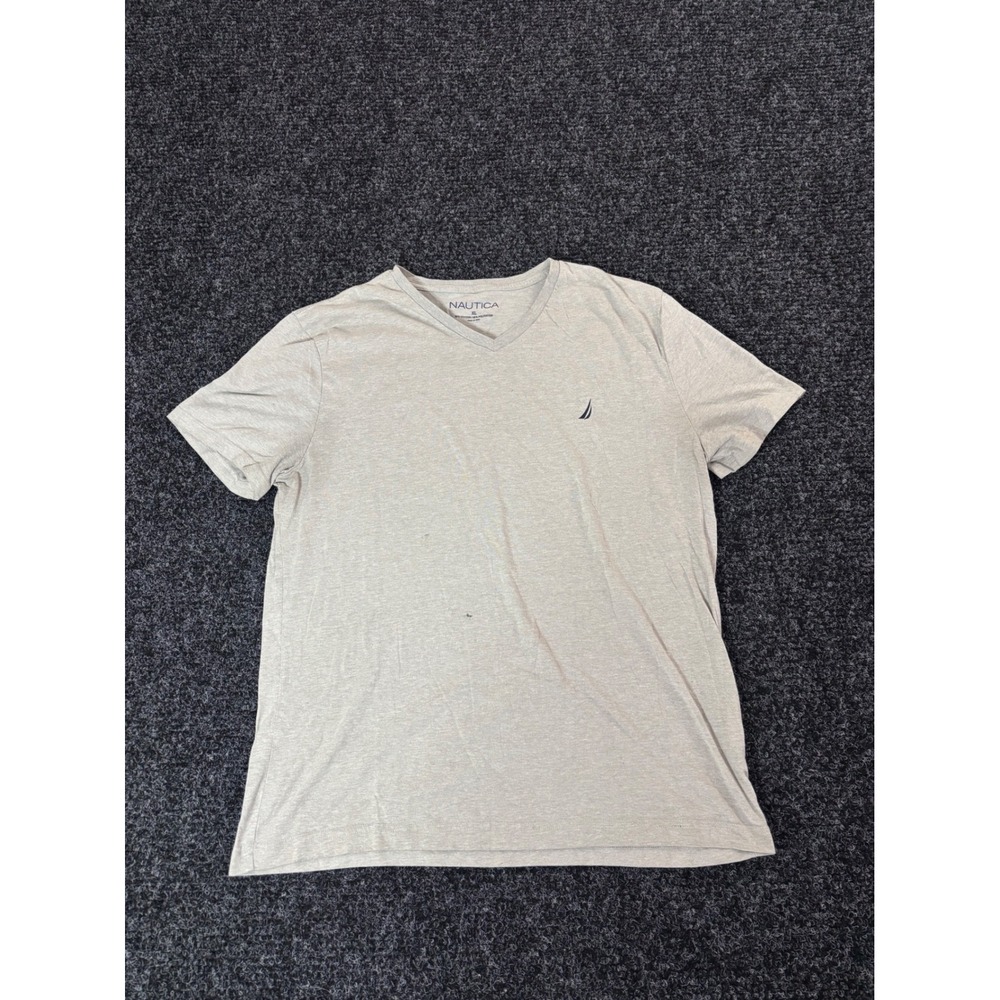 Nautica Mens XL V-Neck T-Shirt Heather Grey Short Sleeve Cotton Blend Logo Tee